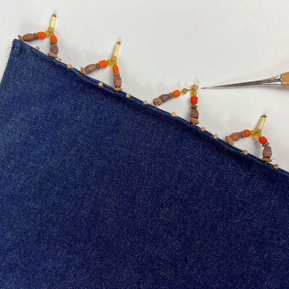 Pier 1 Placemats Set Of 9 Denim Beaded Fringe Country Boho Western Flaws - Picture 7 of 13